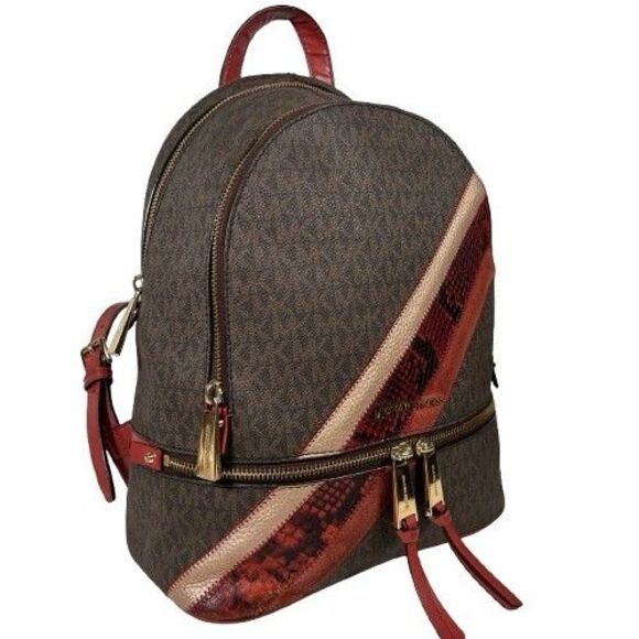 Rare Michael Kors Rhea Zip Backpack Signature Logo Red Snakeskin Suede Stripe - Picture 2 of 16